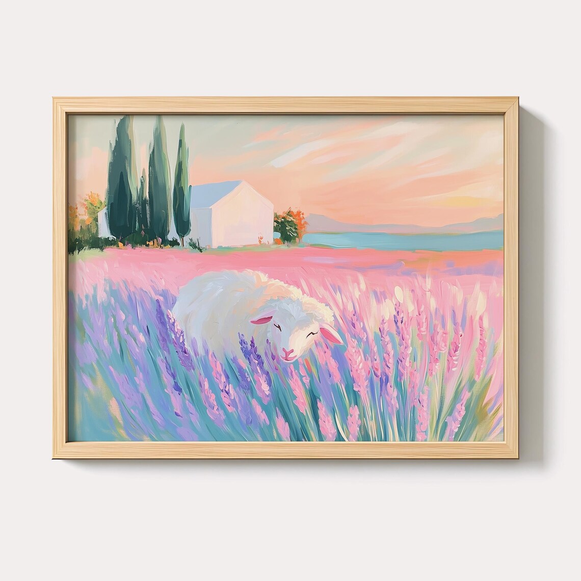 Sheep in Lavender Field Pastel Farmhouse Countryside Art Poster