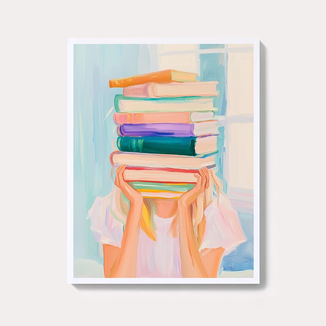 Girl With Stacked Books Pastel Library Reading Lover Art Poster