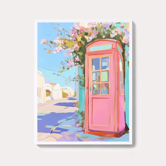 Pink Floral Telephone Booth On Sunny Pastel City Street Wall Art