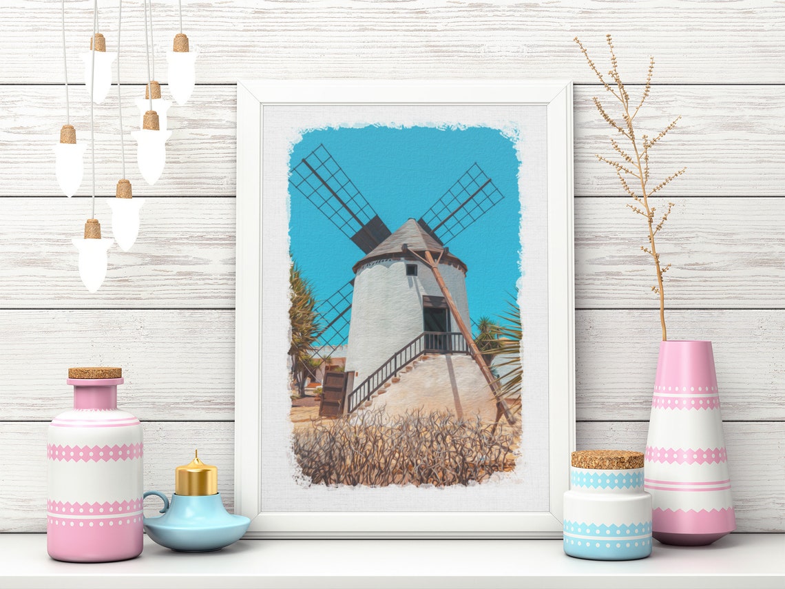 Rustic Mediterranean Windmill Against Bright Blue Sky Poster - Image 4