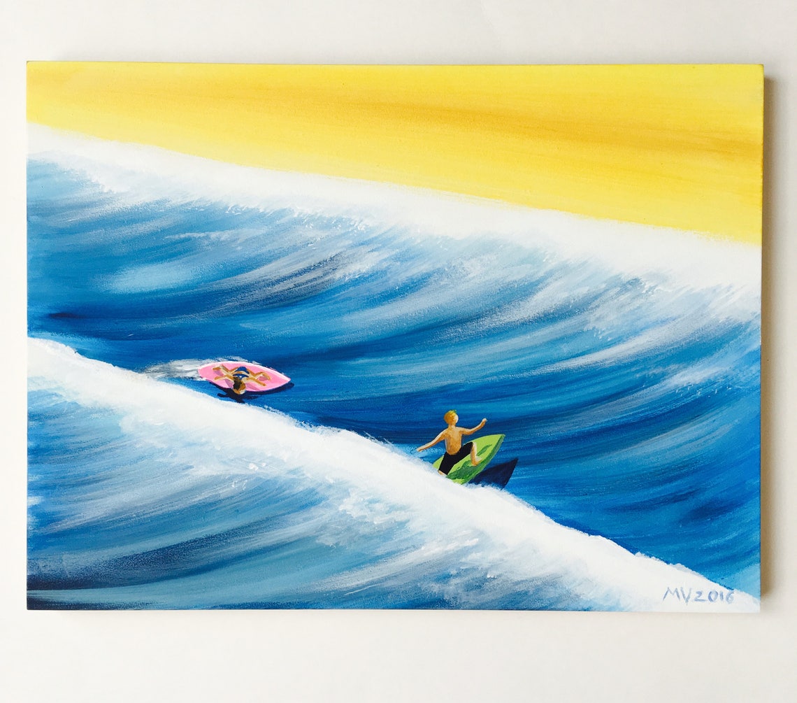 Two Surfers Riding Big Blue Wave Yellow Sky Beach Surf Art Poster - Image 2