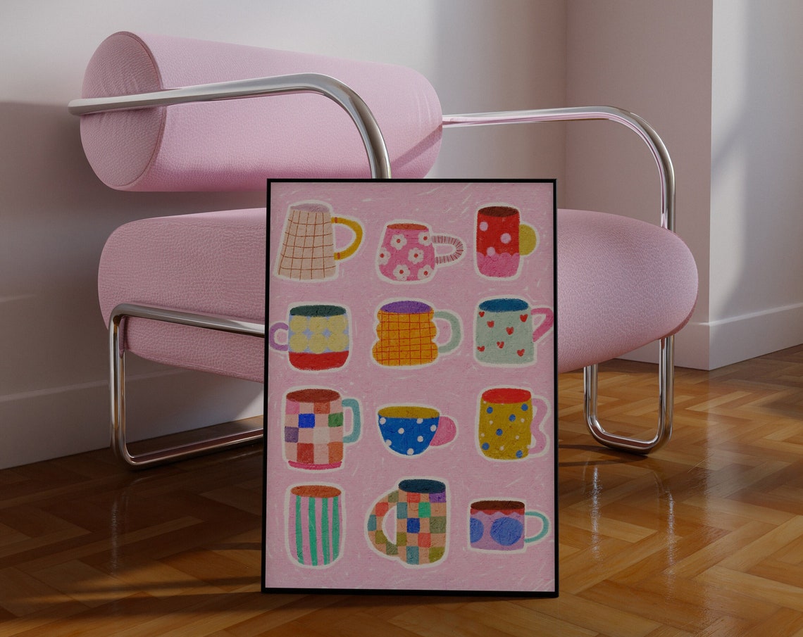 Colorful Mugs Illustration Kitchen Still Life Art Print