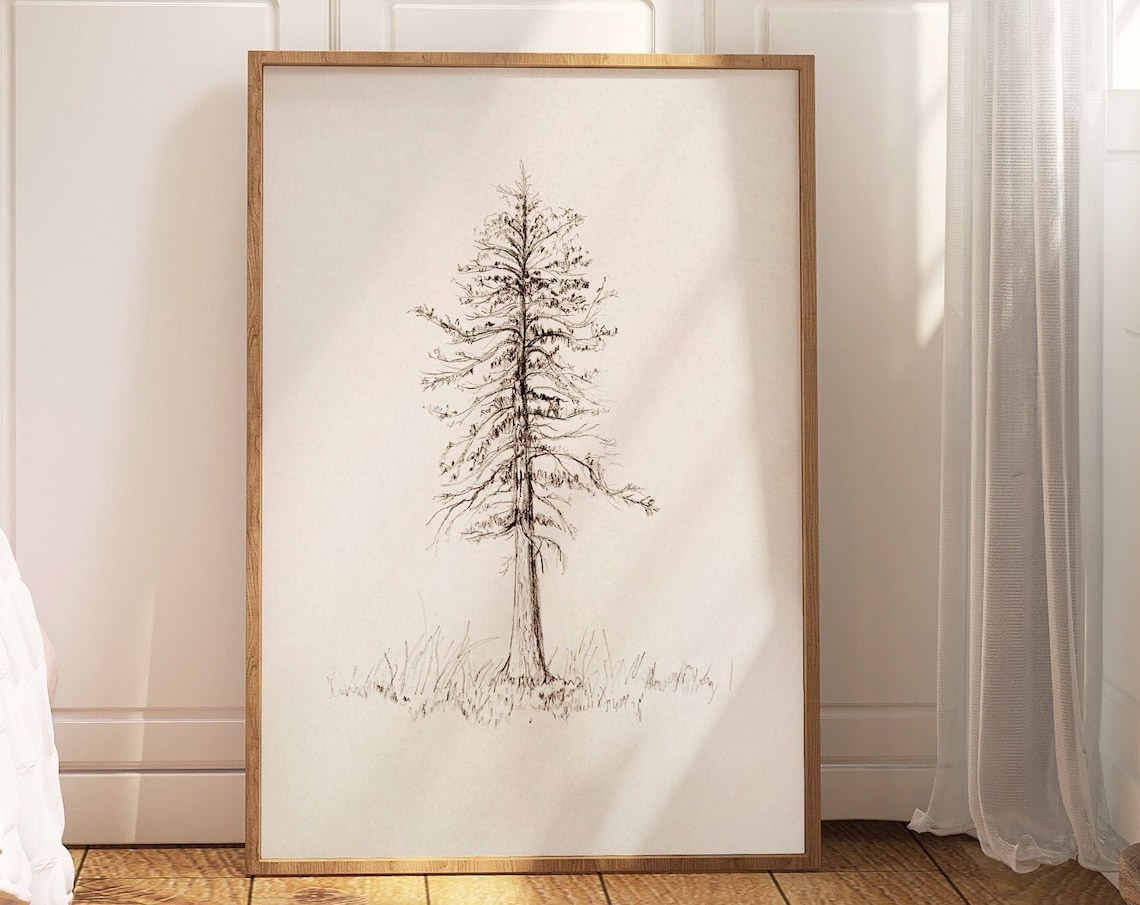 Pine Tree Pencil Sketch, Vintage Winter Art Print