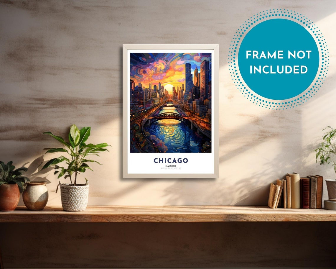Chicago Illinois Sunset River Skyline Impressionist Artwork Poster - Image 2