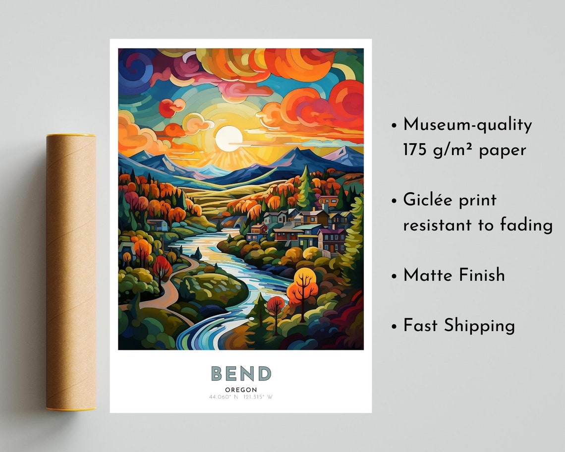 Bend Oregon River Valley Sunset Mountain Town Scene Travel Poster - Image 5