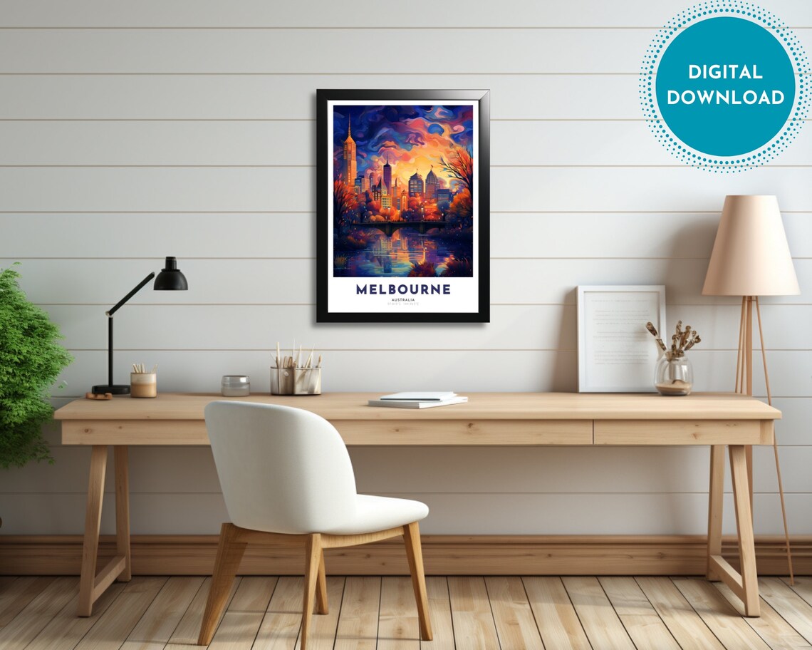 Melbourne Australia City Night Skyline River Bridge Travel Poster - Image 3