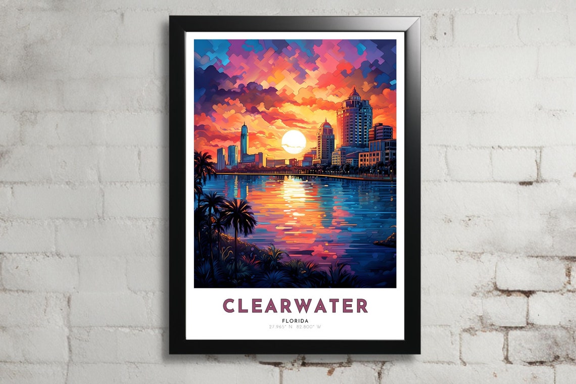 Clearwater Florida Colorful Bay Sunset Skyline Palm Trees Poster
