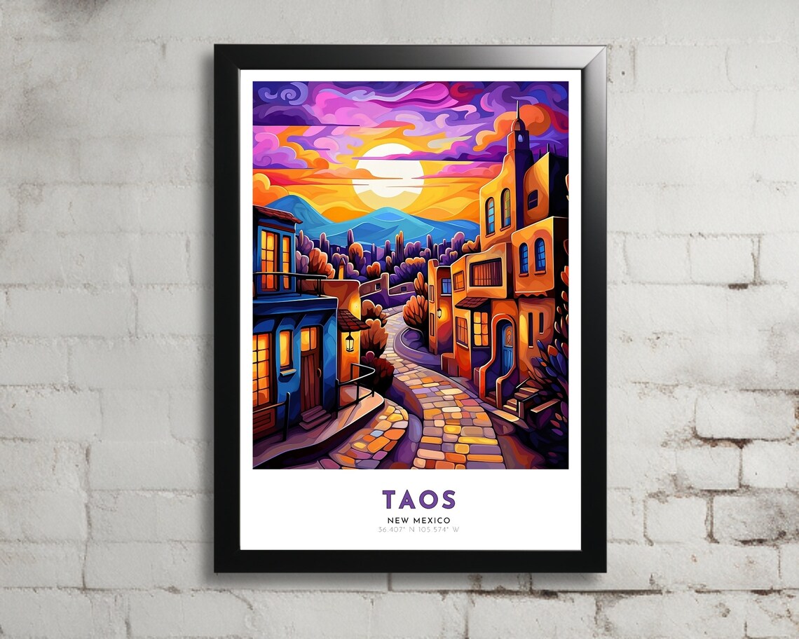 Taos New Mexico Adobe Street Sunset Mountain Art Nouveau Travel Poster