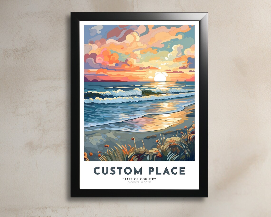 Custom Beach Sunset Ocean Waves Sailboats Personalized Place Name Travel Poster