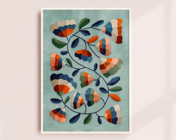 Flowers Folk Motif Art Print, Botanical Decor