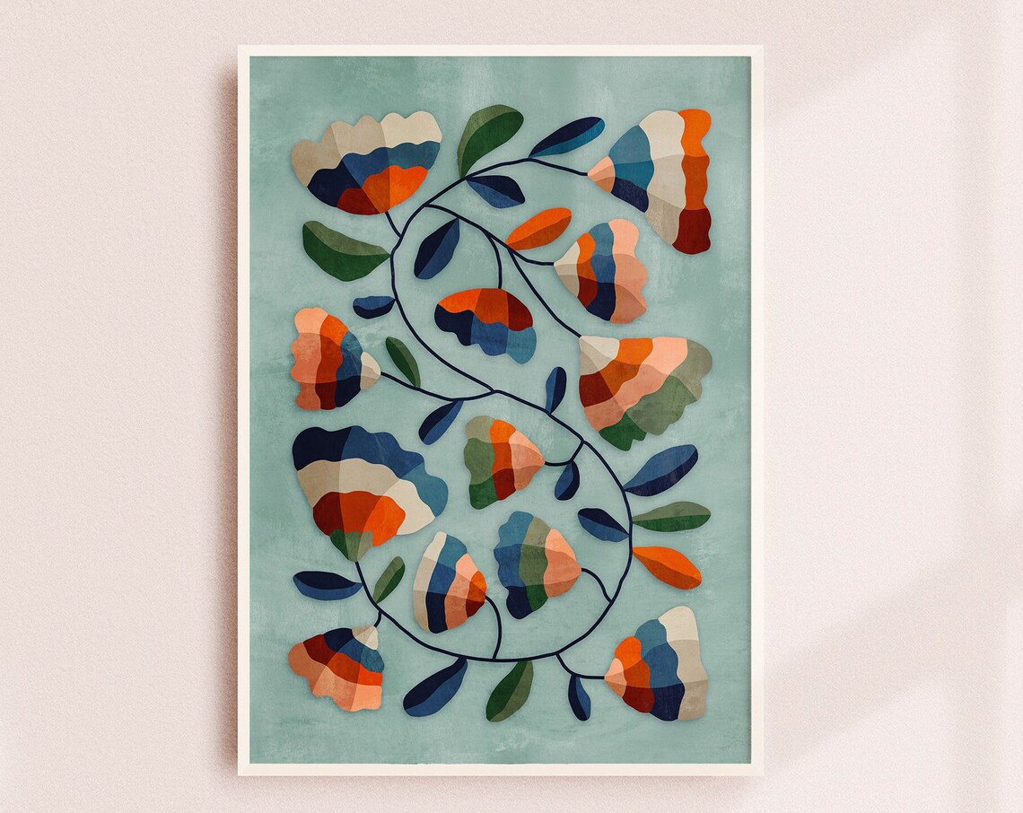 Flowers Folk Motif Art Print, Botanical Decor