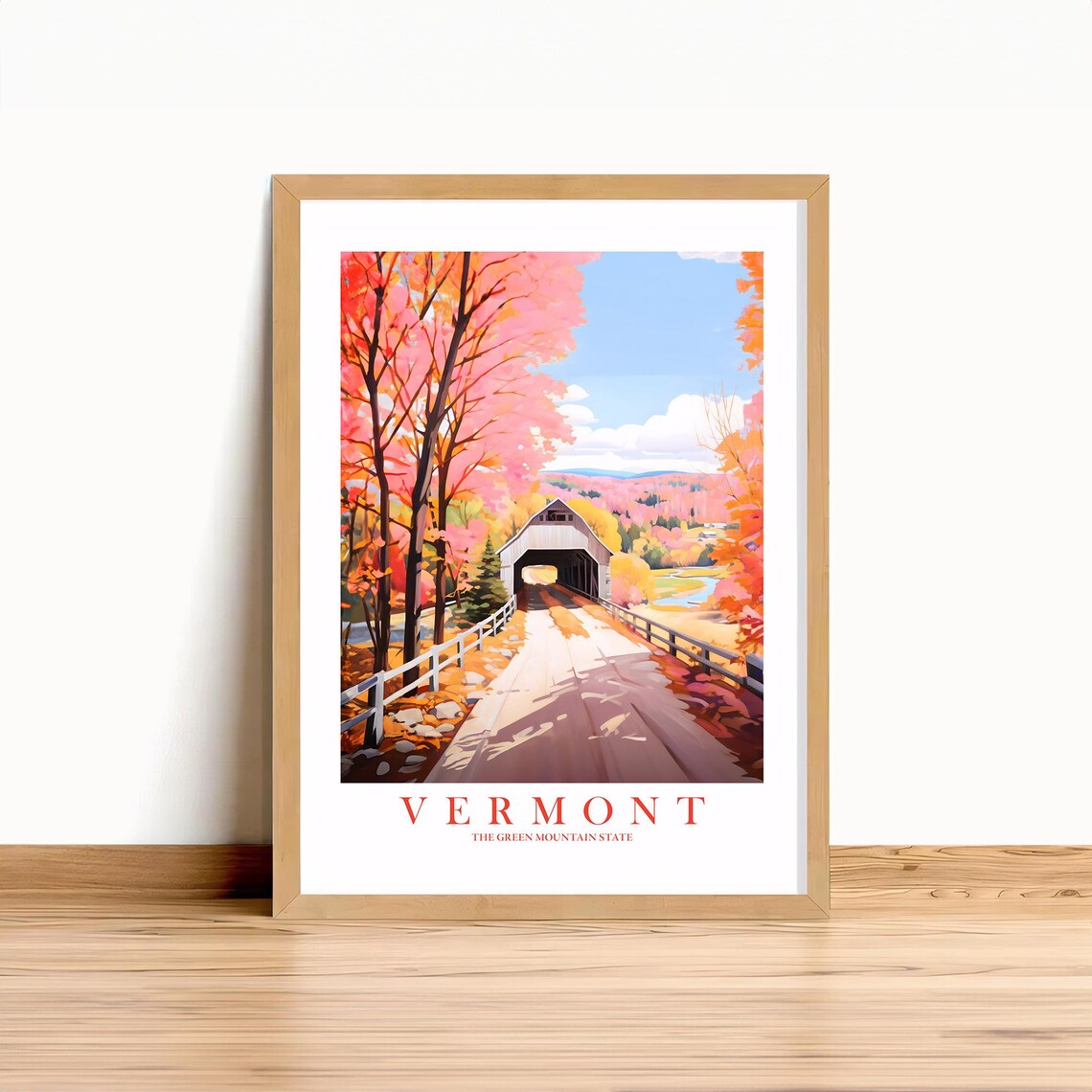 Vermont Covered Bridge in Bright Fall Colors Retro Travel Poster