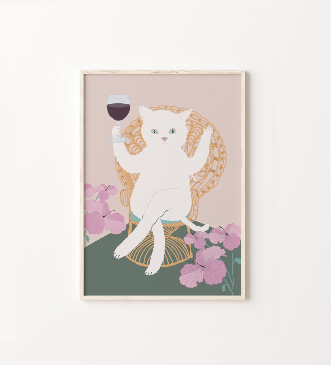 Chic White Cat Holding Wine Glass Funny Whimsical Animal Poster