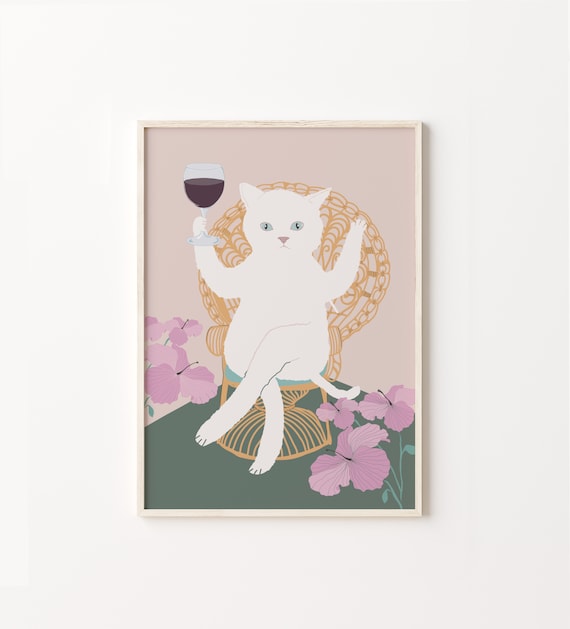 Chic White Cat Holding Wine Glass Funny Whimsical Animal Poster