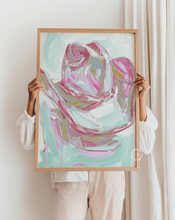 Pink Cowgirl Hat Abstract Mint Brushstroke Western Art Poster