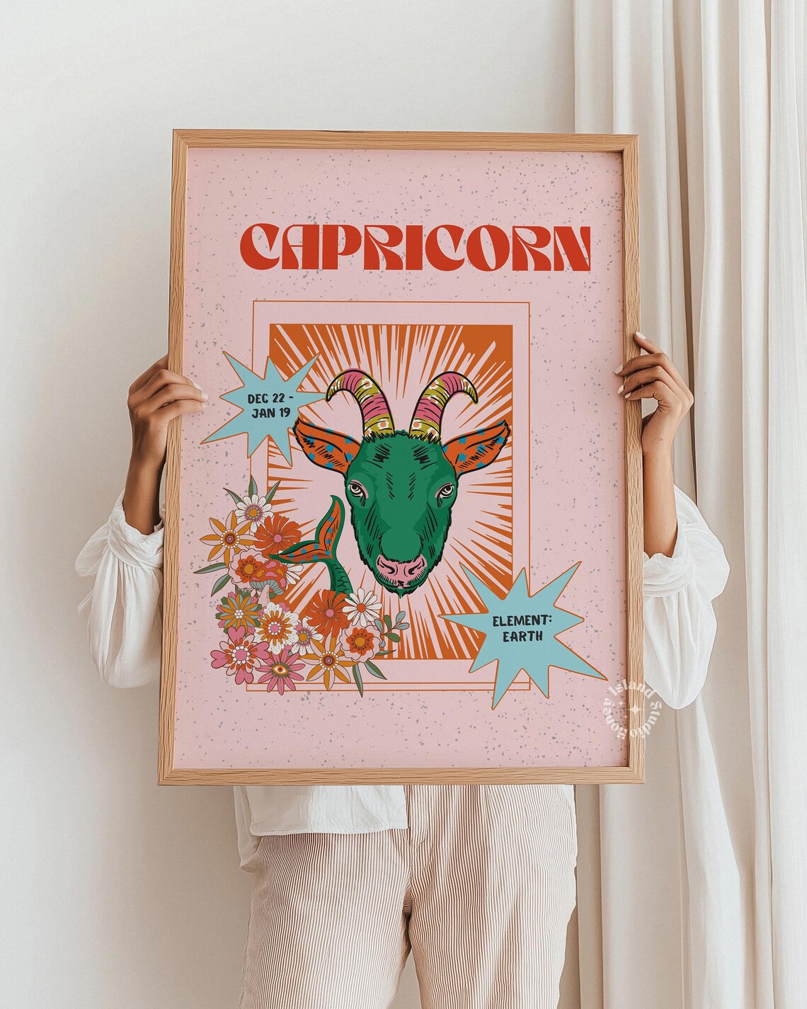 Capricorn Zodiac Retro Astrology Art Print, Boho Decor