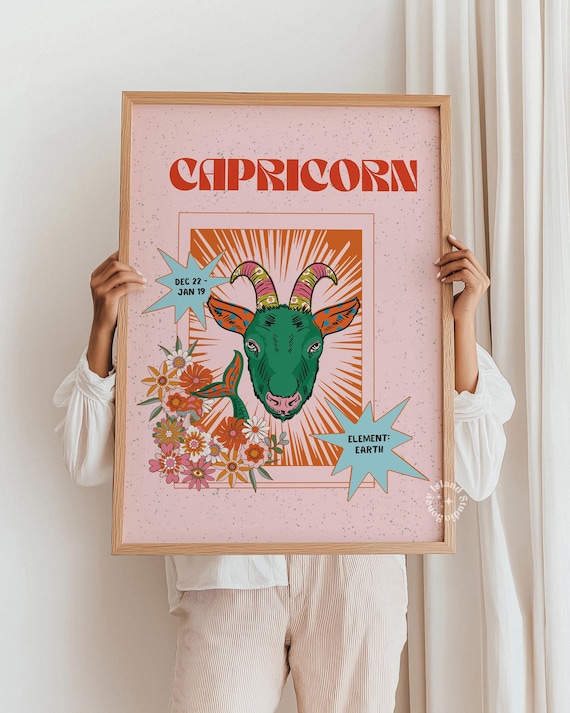 Capricorn Zodiac Retro Astrology Art Print, Boho Decor