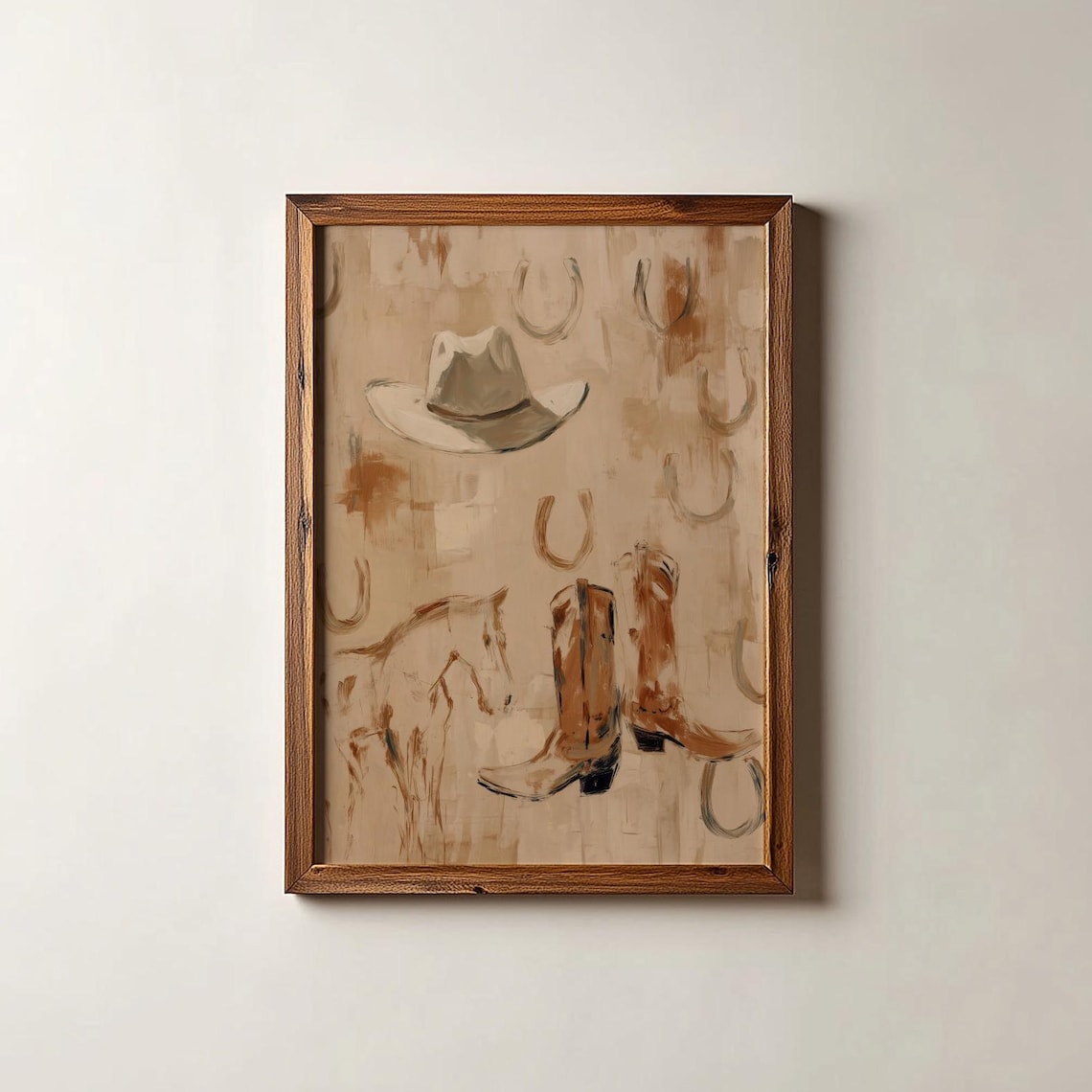 Abstract Western Horseshoes Cowboy Hat Boots Neutral Art Print