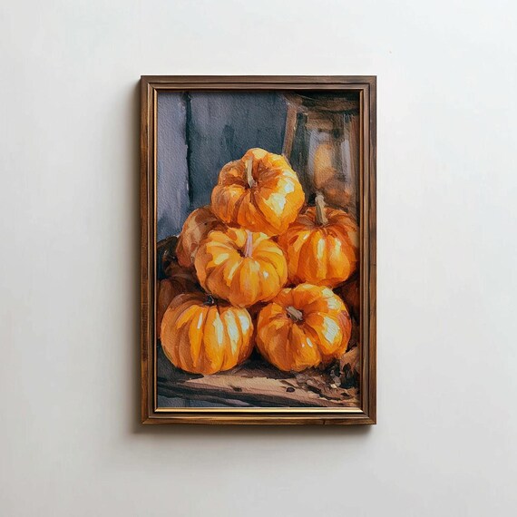 Watercolor Orange Pumpkin Pile Fall Still Life Harvest Art Poster
