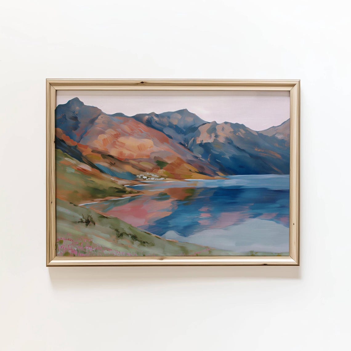 Mountain Lake Reflection Watercolor Poster Blue Peaks Scenic Artwork