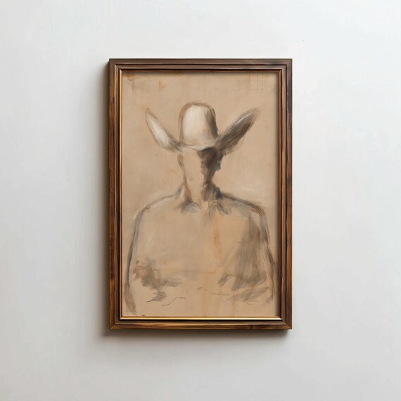 Faceless Cowboy Wearing Hat Sepia Sketch Western Minimalist Print