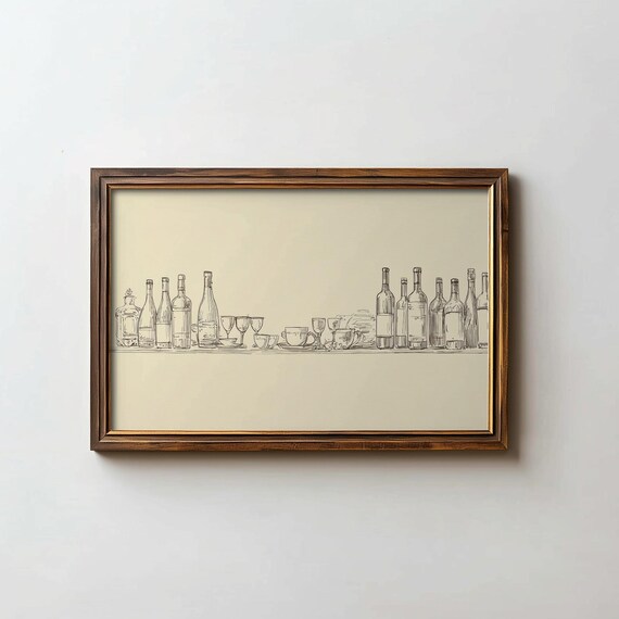 Wine Bar Shelf Ink Line Drawing Bottles Glasses Kitchen Poster