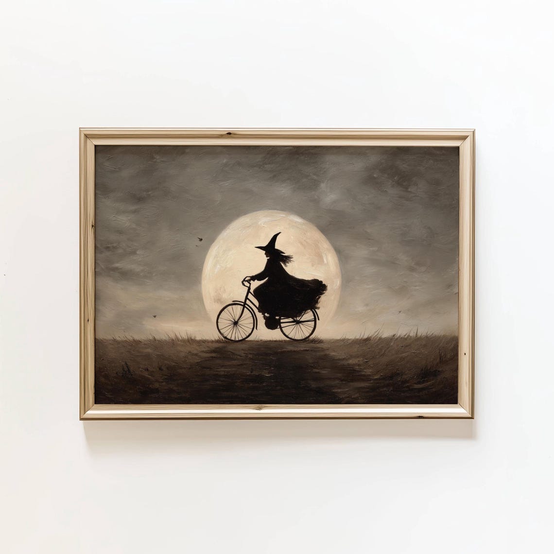 Witch Riding Bicycle Across Full Moon Spooky Sepia Halloween Poster
