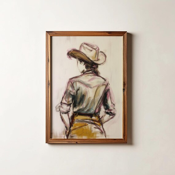 Modern Cowgirl Portrait From Behind Painterly Western Wall Art
