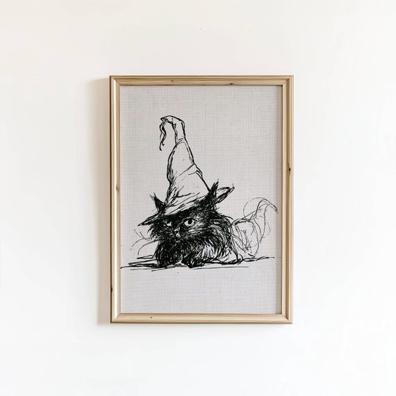 Funny Cat Print Autumn Art Hand Drawn Animal Poster Halloween Wall Digital Download