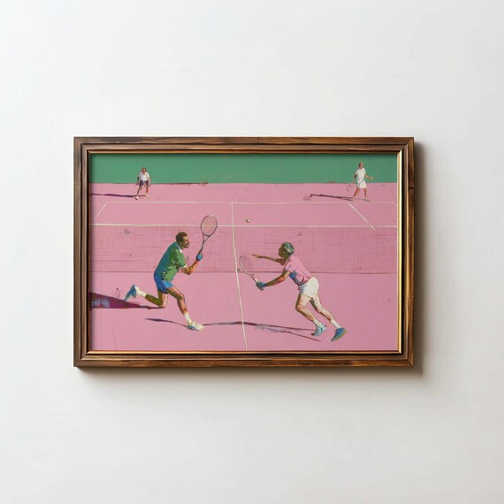 Retro Tennis Doubles Players Pink Court Vintage Style Sports Wall Poster