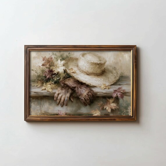 Straw Hat Leather Gloves Autumn Flowers Rustic Still Life Poster