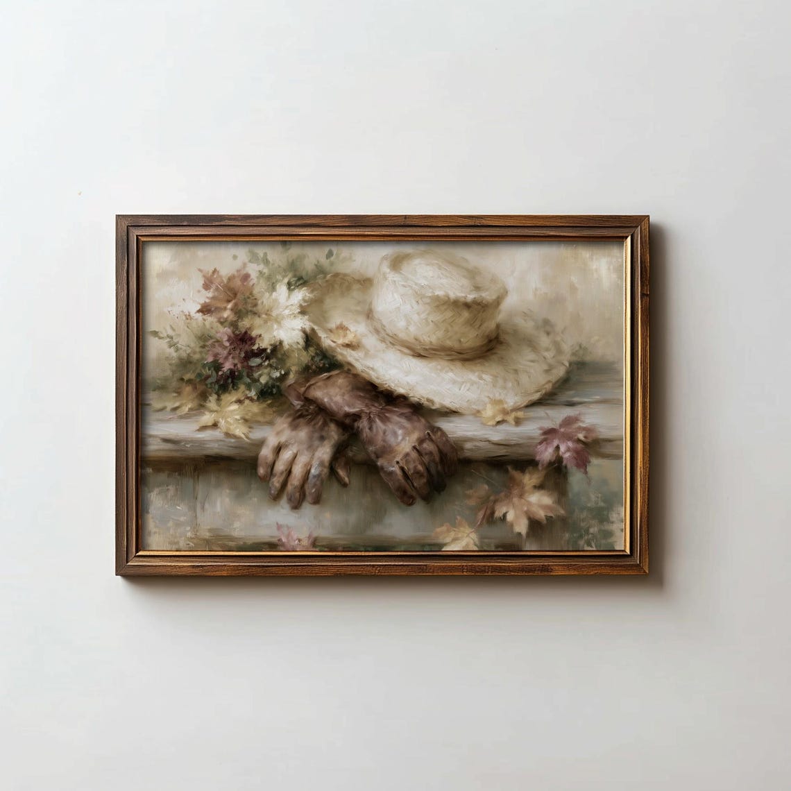 Straw Hat Leather Gloves Autumn Flowers Rustic Still Life Poster