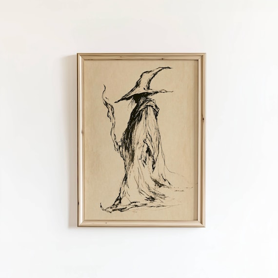 Witch Ink Sketch Pointed Hat Cloak Moody Halloween Drawing Print