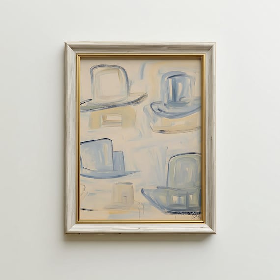 Western Cowboy Hats Abstract Beige Blue Brushstroke Wall Art