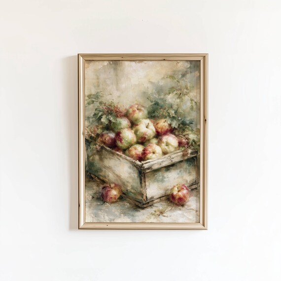 Vintage Wooden Crate Of Apples Still Life Painting Rustic Fall Art Print