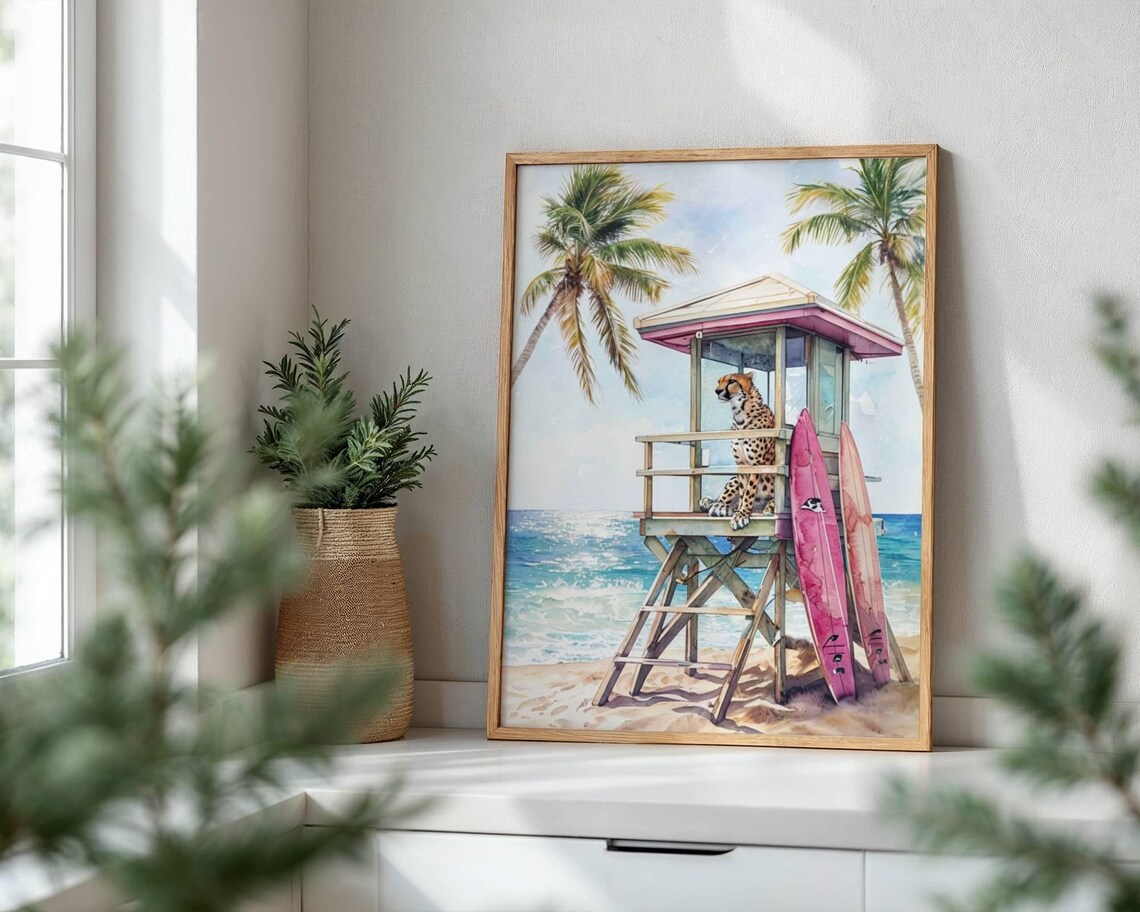 Cheetah Lifeguard Beach Art Print, Tropical Surfing Painting - Image 3
