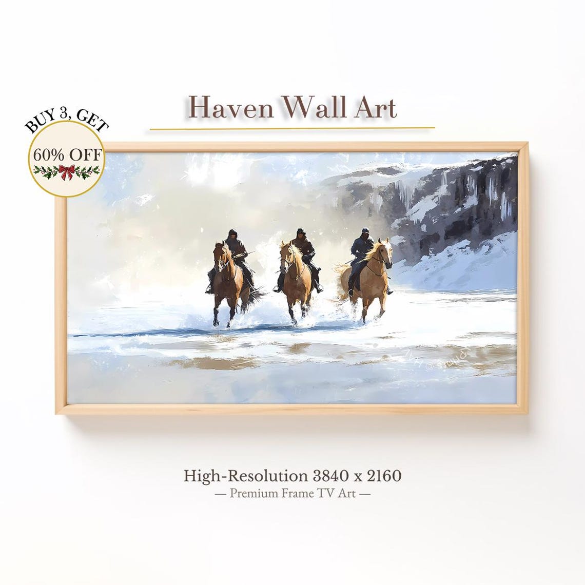 Three Cowboys Galloping Horses Snowy Canyon River Painting Poster