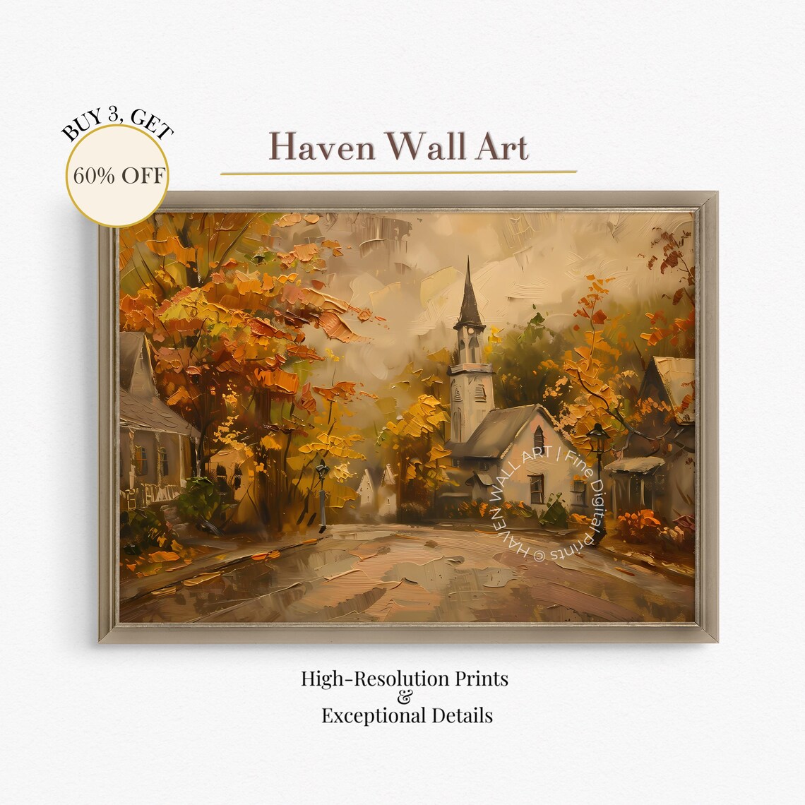 Golden Autumn Church Street Village Misty Oil Painting Wall Art