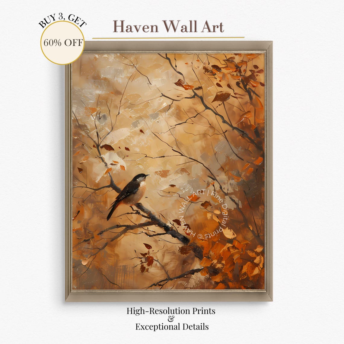 Cozy Rustic Autumn Bird on Branch Oil Painting Fall Wall Art