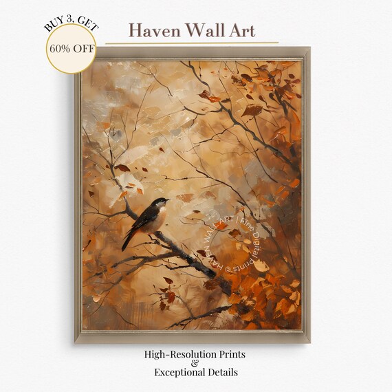 Cozy Rustic Autumn Bird on Branch Oil Painting Fall Wall Art