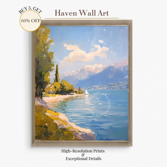 Alpine Lake Sailboat Mountain View Impressionist Summer Art Poster