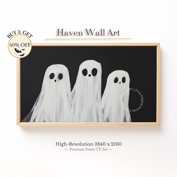 Three Cute White Ghosts Black Halloween Minimalist Ghost Art Print
