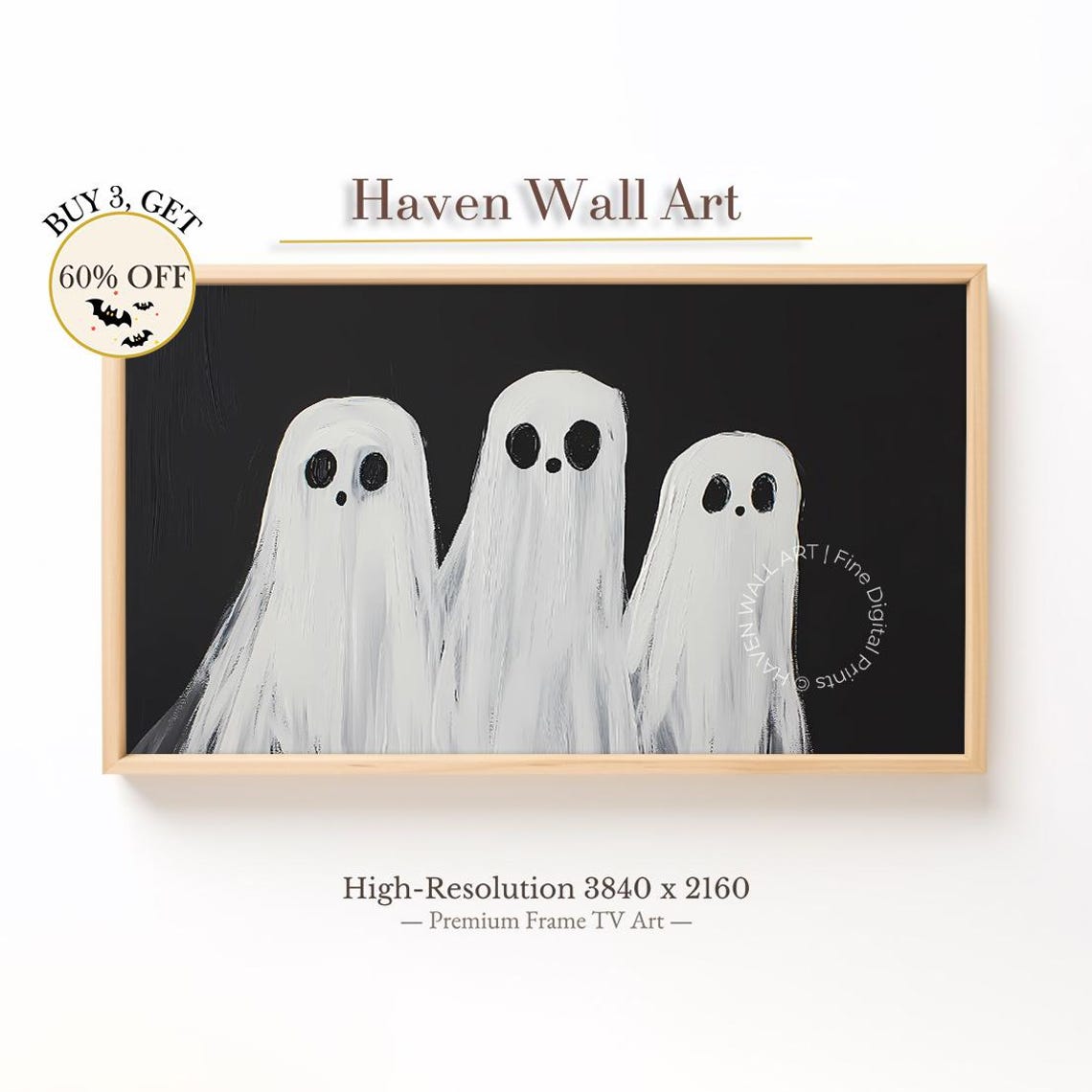 Three Cute White Ghosts Black Halloween Minimalist Ghost Art Print