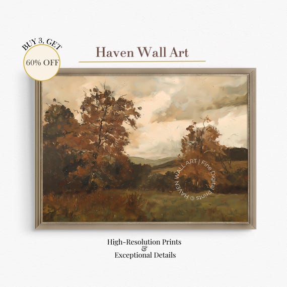 Vintage Autumn Landscape Wall Art Moody Fall Trees Countryside Scene Rustic Farmhouse Decor Pal018