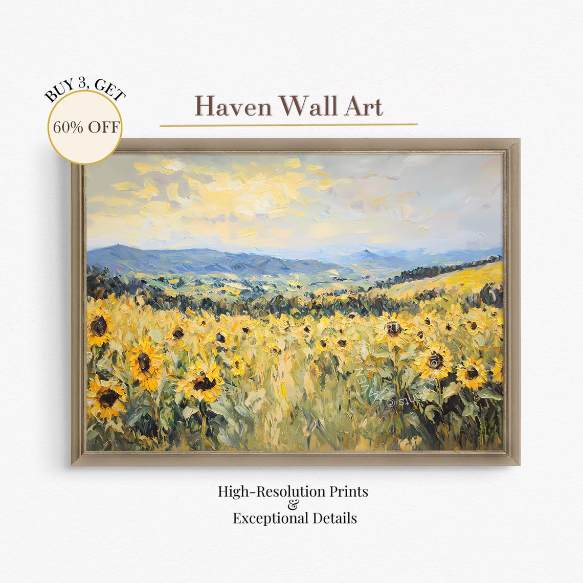 Golden Sunflower Field under Summer Sky Impressionist Landscape Poster