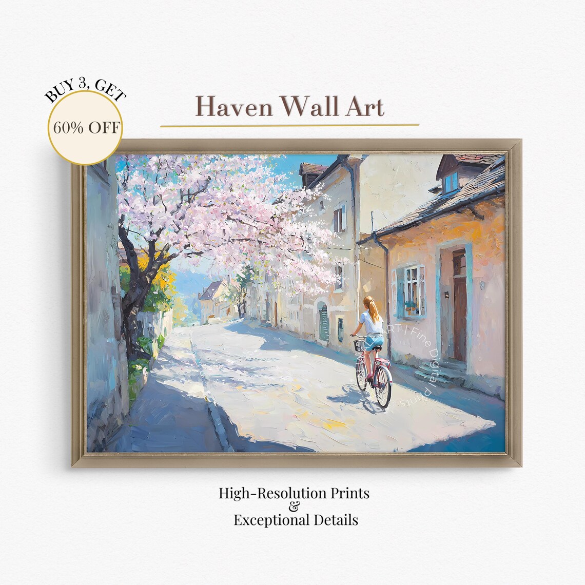 Girl Cycling Through European Village Cherry Blossom Street Poster