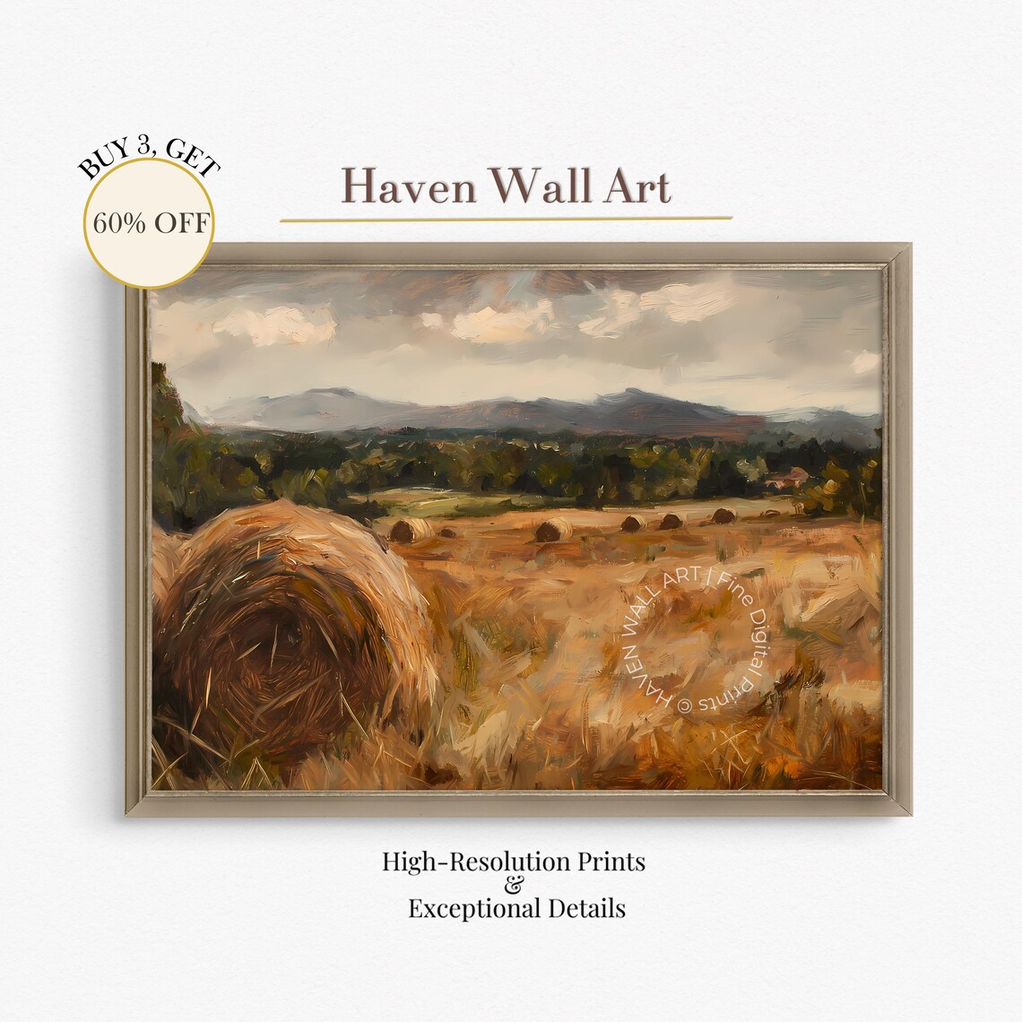 Hay Bales Close Up Field Oil Painting Country Harvest Scene Poster