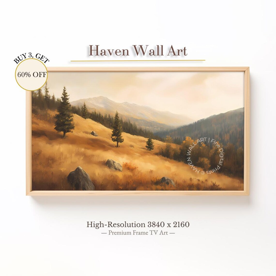 Golden Autumn Mountain Valley Pine Forest Landscape Vintage Wall Art