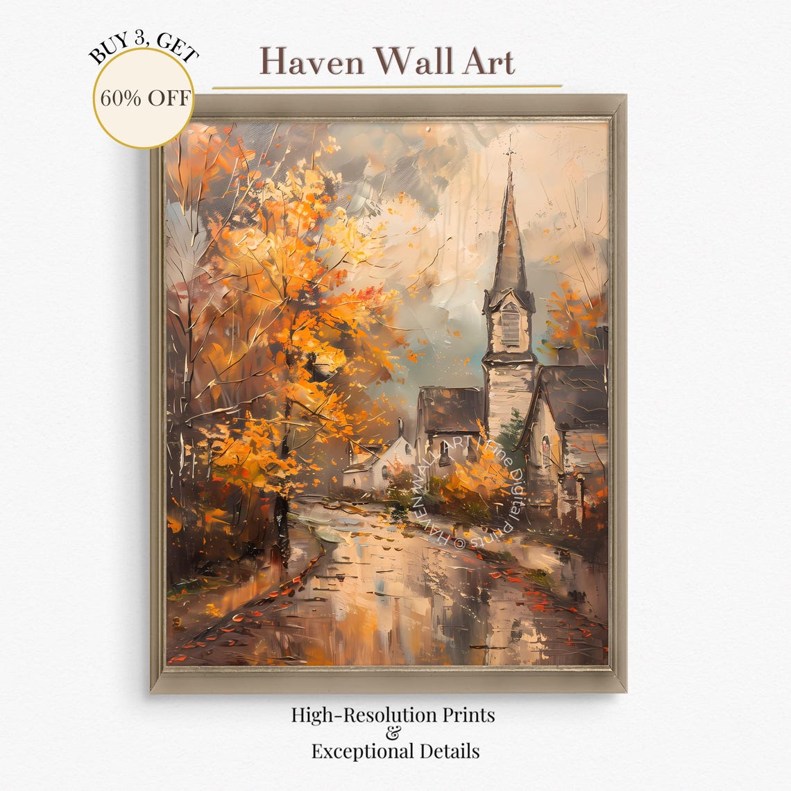 Rainy Autumn Village Street Church Steeple Wet Cobblestone Wall Art