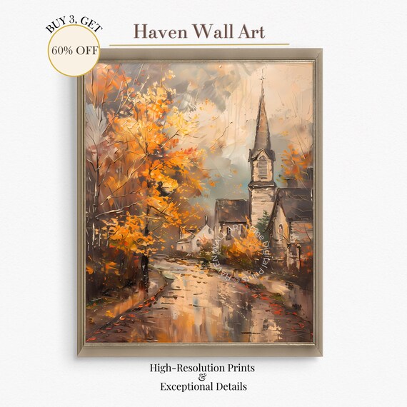 Rainy Autumn Village Street Church Steeple Wet Cobblestone Wall Art